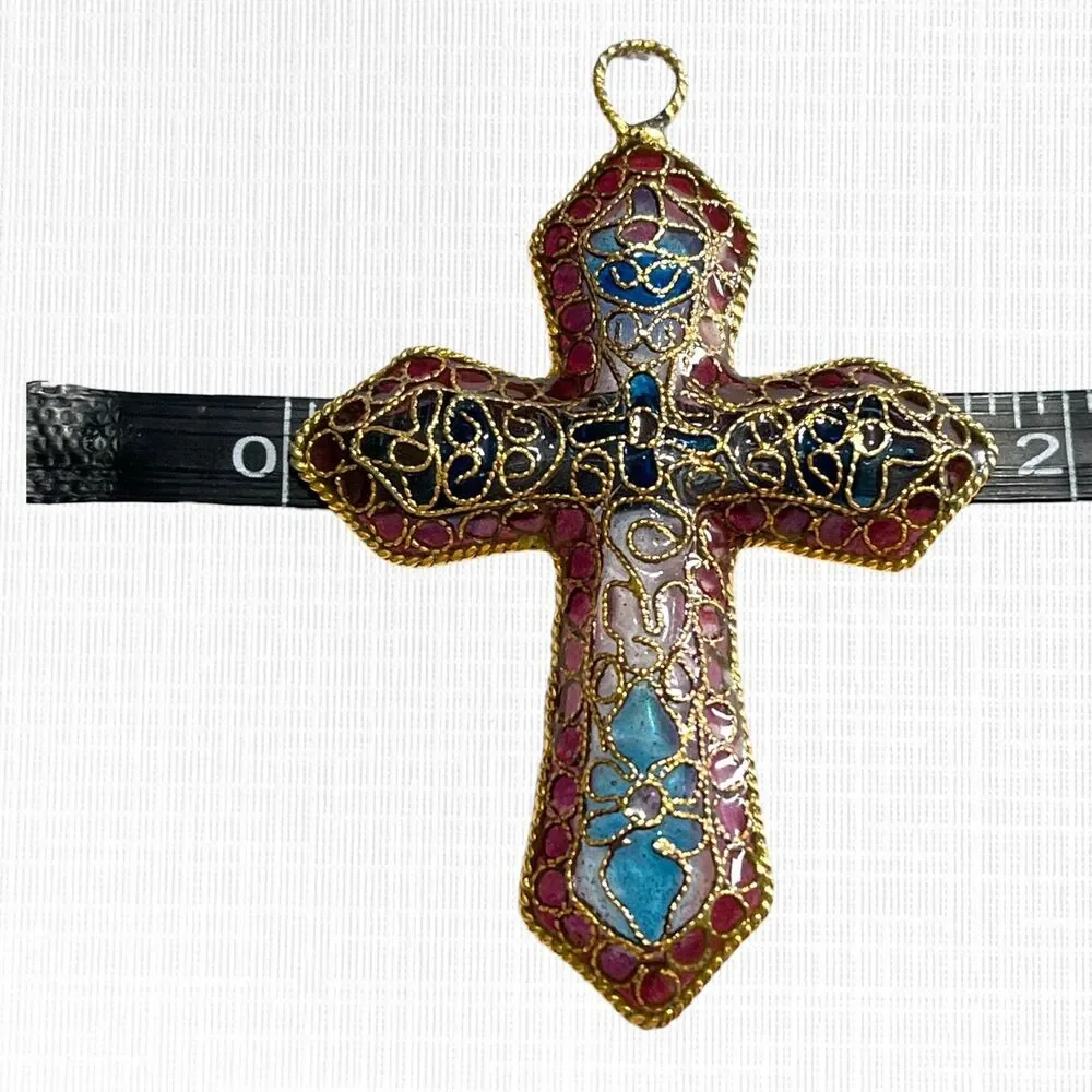 Cloisonne Cross Ornament Filigree Translucent Stained Glass Effect Enamel Floral